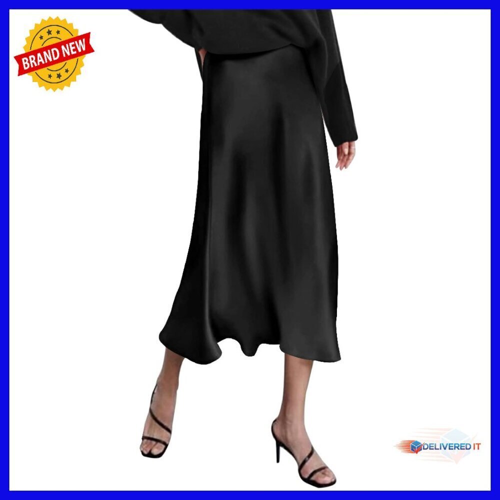 Satin Midi Skirt High Waist Work Elegant Zipper Dress Slim Fit